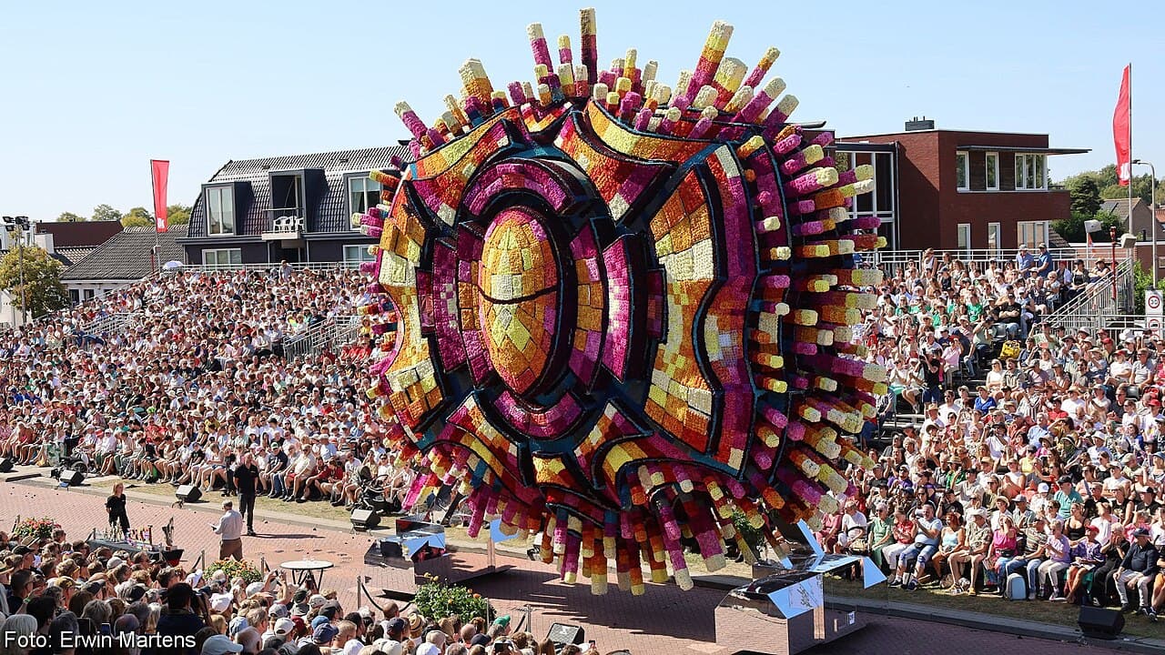 A decorated float covered in flowers at the Anthestiria festival in Cyprus