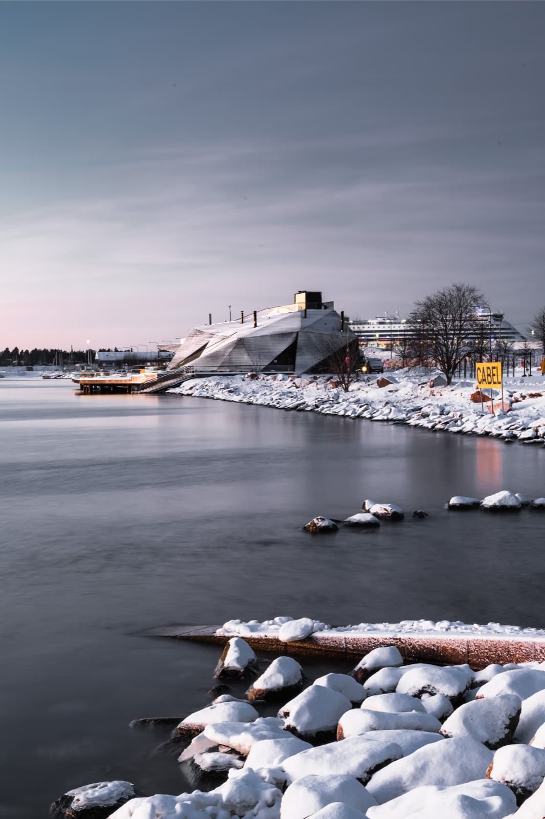Löyly, a modern wooden sauna by the Helsinki seafront in winter