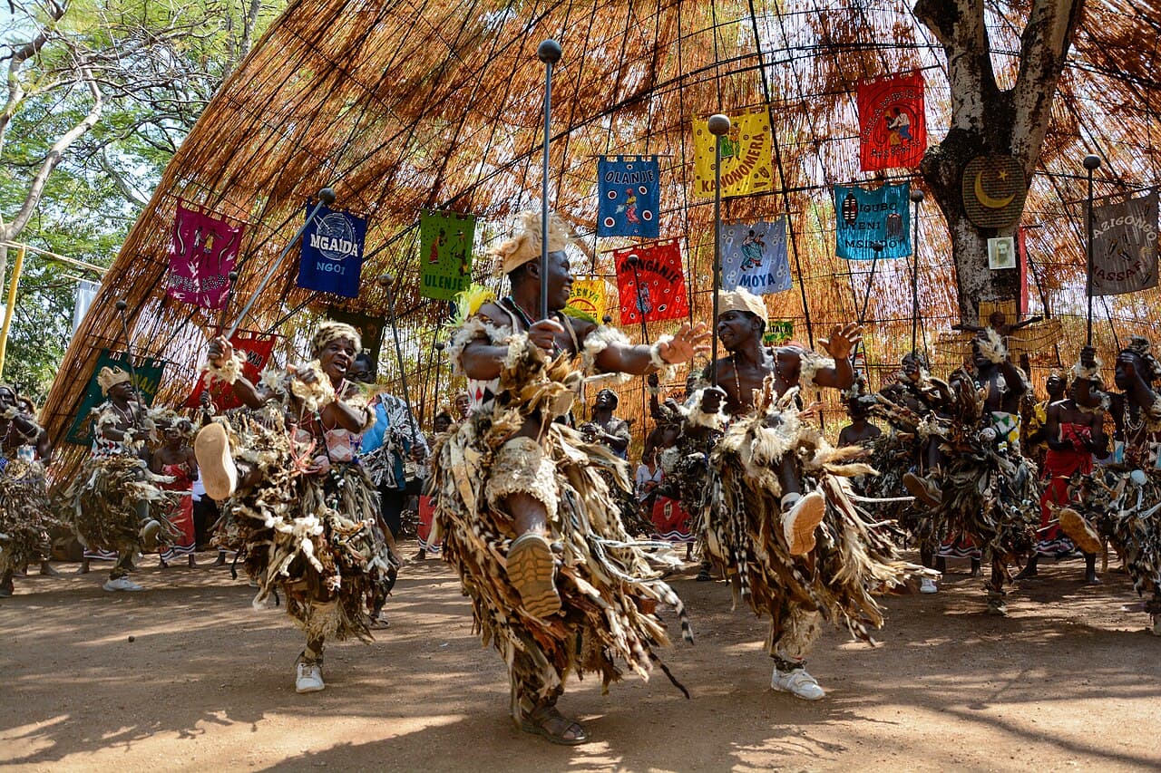 Colourful parade with Malawian flags and traditional costumes in Lilongwe on Independence Day