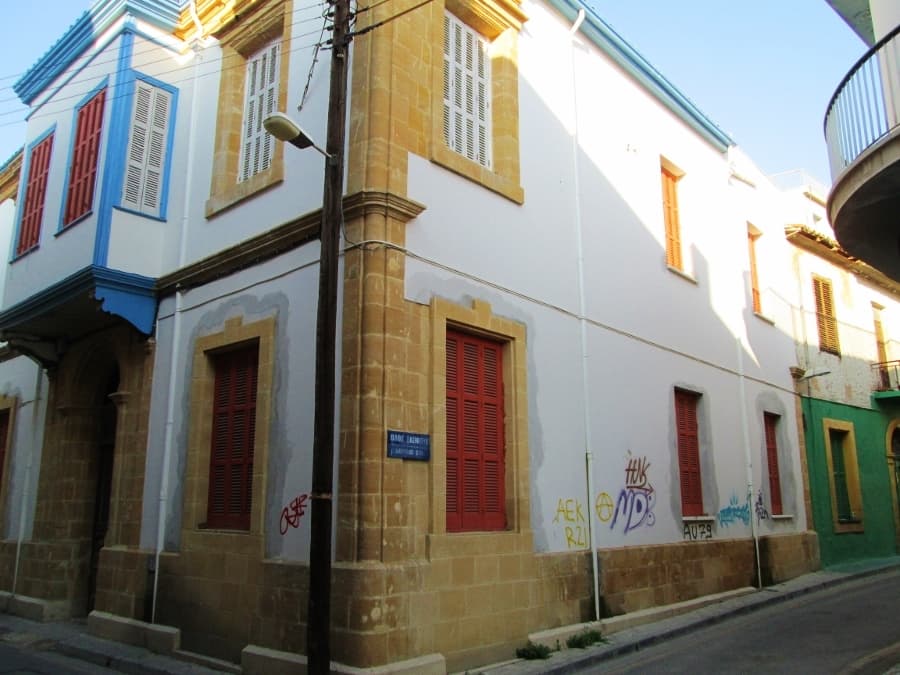 Narrow cobbled streets and old stone buildings inside the walls of Nicosia old town